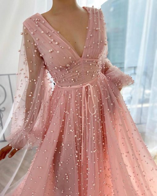 Teuta matoshi-Pink Mimosa Beaded Gown - Image 3