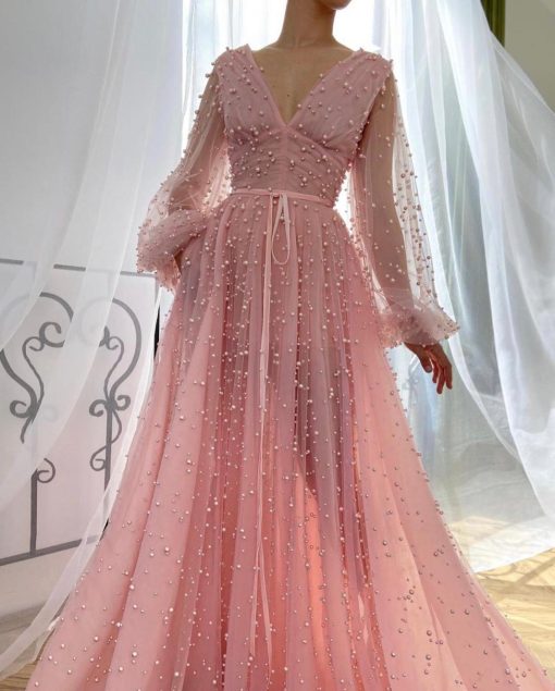 Teuta matoshi-Pink Mimosa Beaded Gown