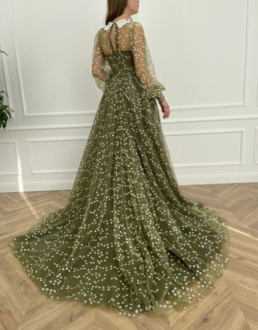 Teuta matoshi-Olive Flowery Gown - Image 2