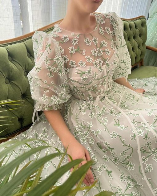Teuta matoshi-Mint Camelia Puff Sleeve Dress