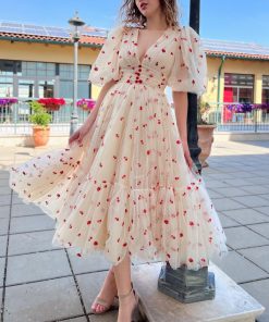 Teuta matoshi-Cream Cherry Midi Dress