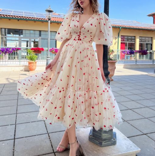 Teuta matoshi-Cream Cherry Midi Dress