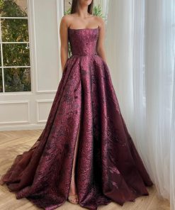 Teuta matoshi-Bordeaux Brocade Ball Gown
