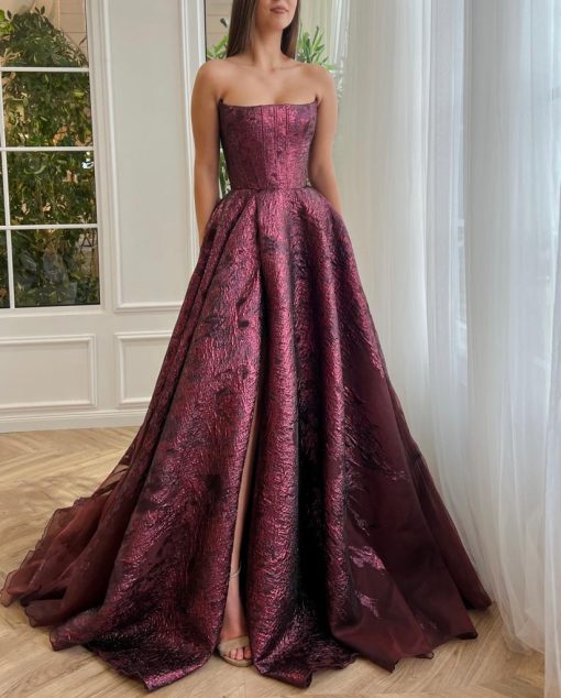 Teuta matoshi-Bordeaux Brocade Ball Gown