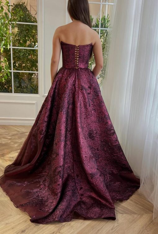Teuta matoshi-Bordeaux Brocade Ball Gown - Image 2