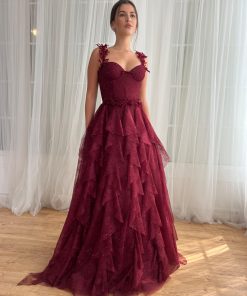 Teuta matoshi-Burgundy Dantelle Ruffle Gown 2
