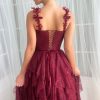 Teuta matoshi-Burgundy Dantelle Ruffle Gown