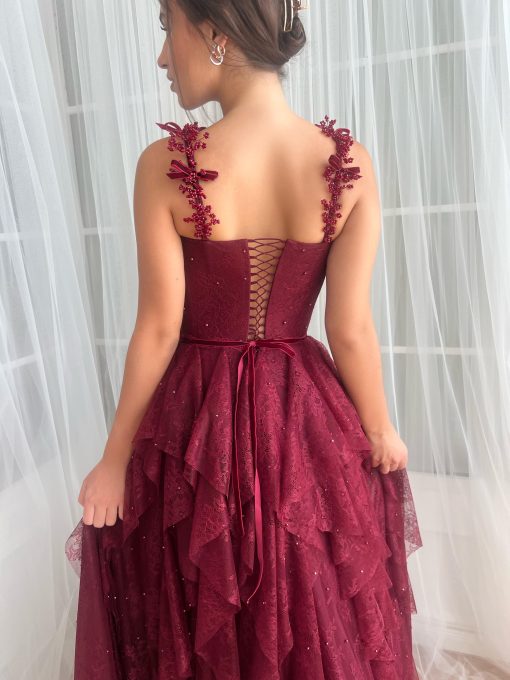 Teuta matoshi-Burgundy Dantelle Ruffle Gown
