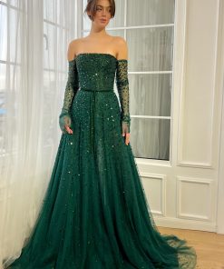 Teuta matoshi-Green Gemstone Off-Shoulder Gown 2