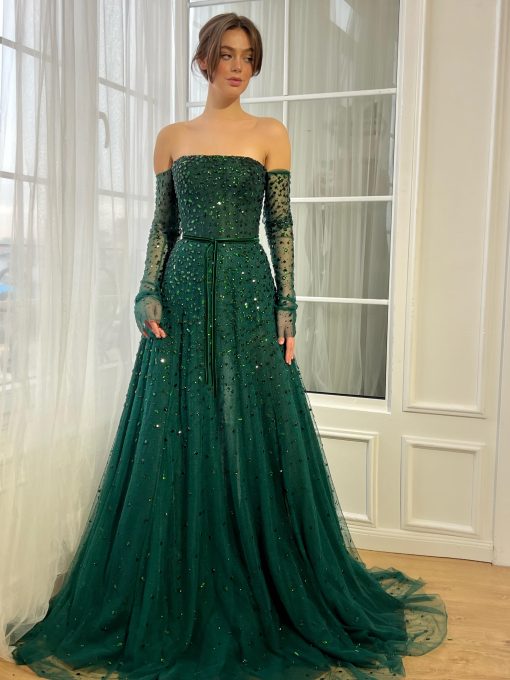 Teuta matoshi-Green Gemstone Off-Shoulder Gown - Image 2
