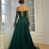 Teuta matoshi-Green Gemstone Off-Shoulder Gown