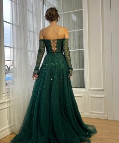 Teuta matoshi-Green Gemstone Off-Shoulder Gown