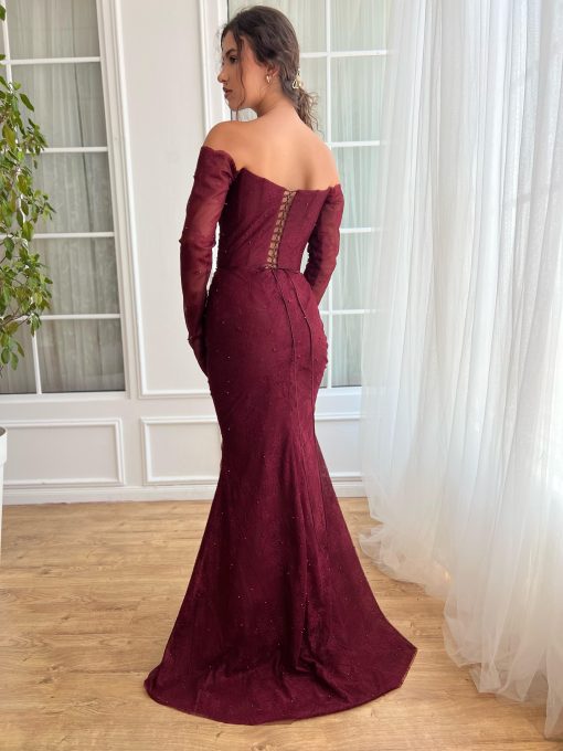 Teuta matoshi-Burgundy Dantelle Mermaid Dress - Image 2
