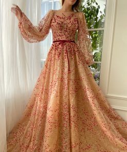 Teuta matoshi-Pomegranate Embers of Lace Gown