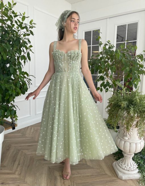 Teuta matoshi-Draped Green Gingham Dress