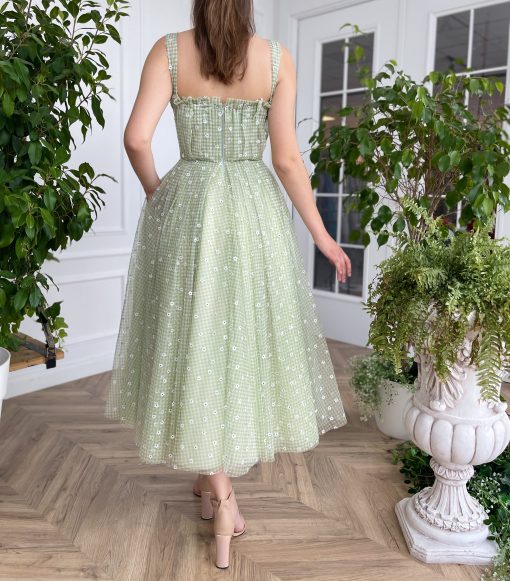 Teuta matoshi-Draped Green Gingham Dress - Image 2