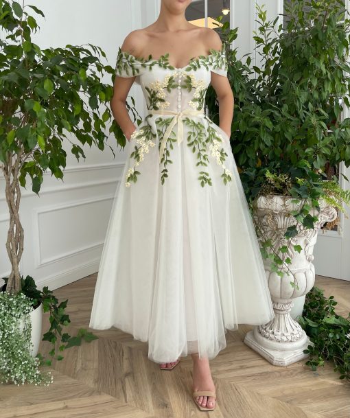 Teuta matoshi-Cascading Ivy Off-Shoulder Dress