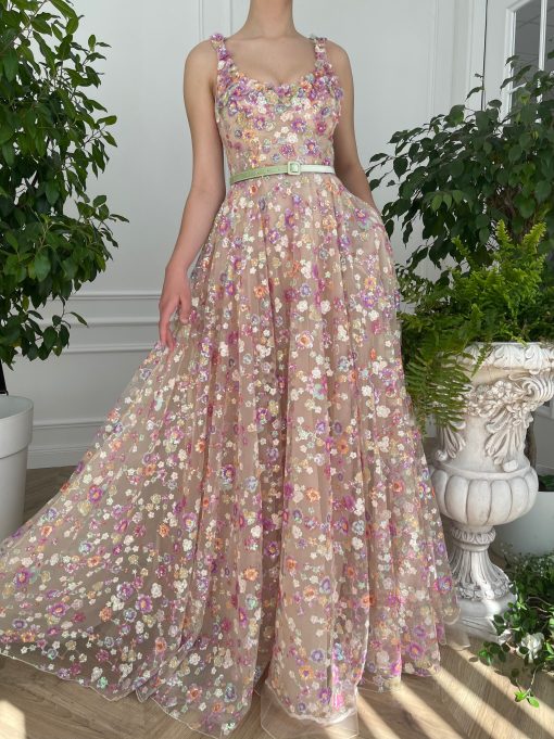 Teuta matoshi-Opalescent Floral Sequined Gown